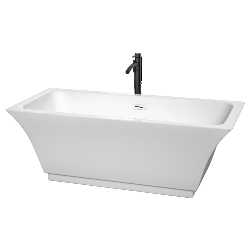 Baignoire autoportante Galina de 67 pouces en blanc avec garniture blanche brillante et robinet en noir mat