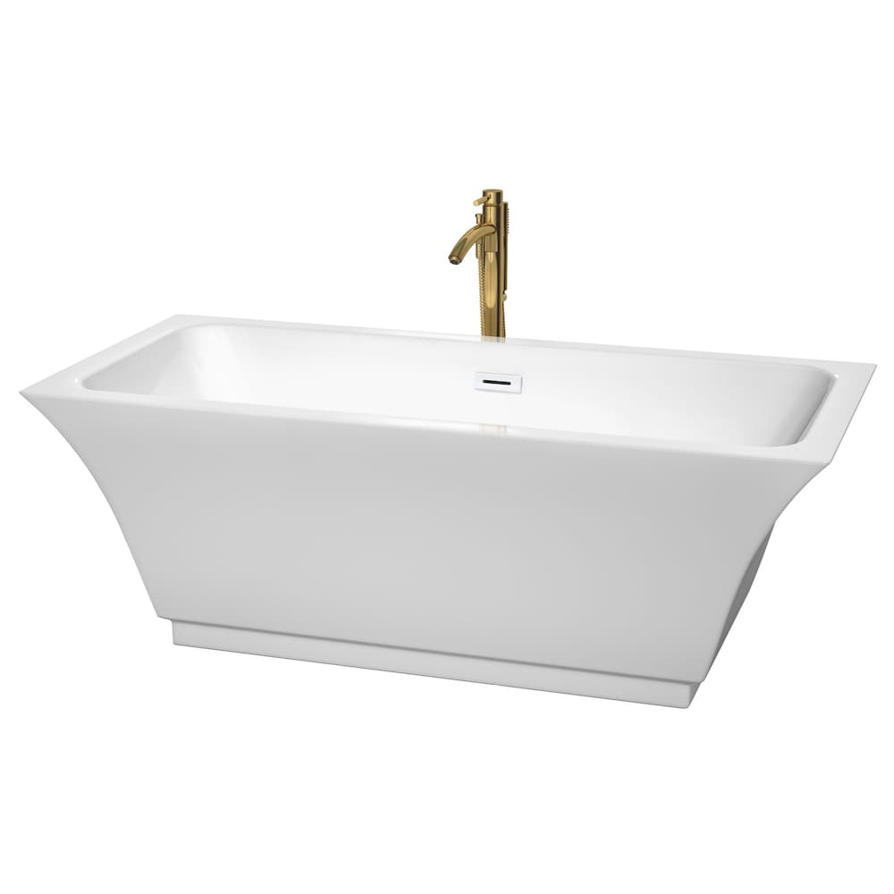 Galina 67 inch Freestanding Bathtub in White with Shiny White Trim and Faucet in Brushed Gold