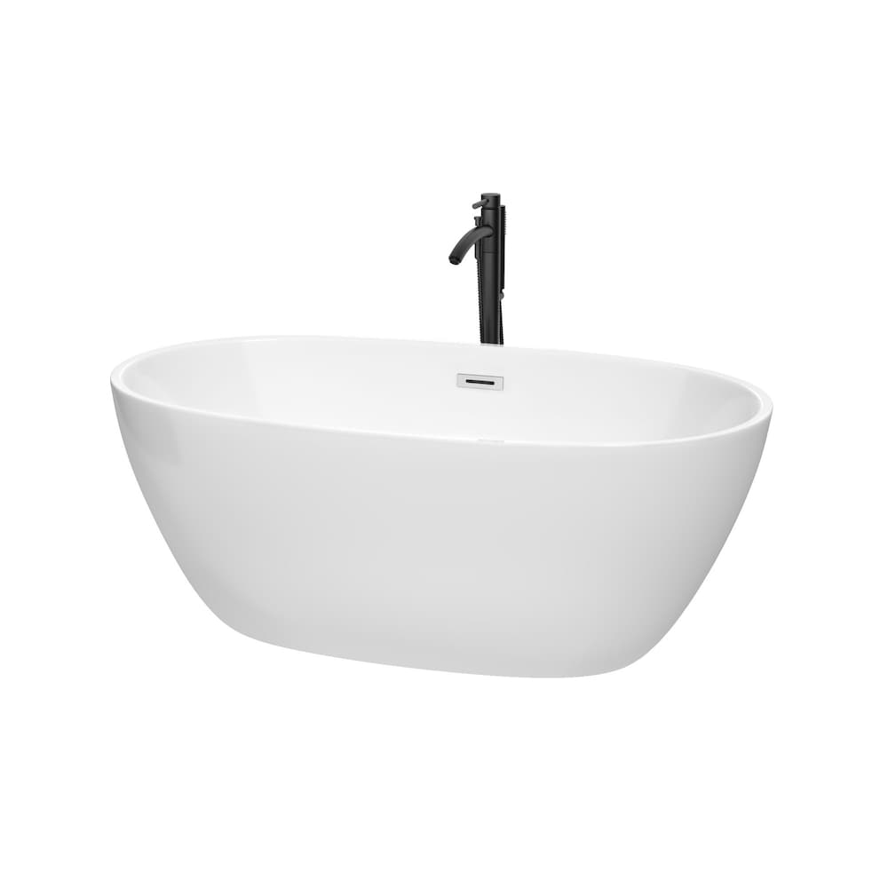 Juno 59 inch Freestanding Bathtub in White with Polished Chrome Trim and Faucet in Matte Black