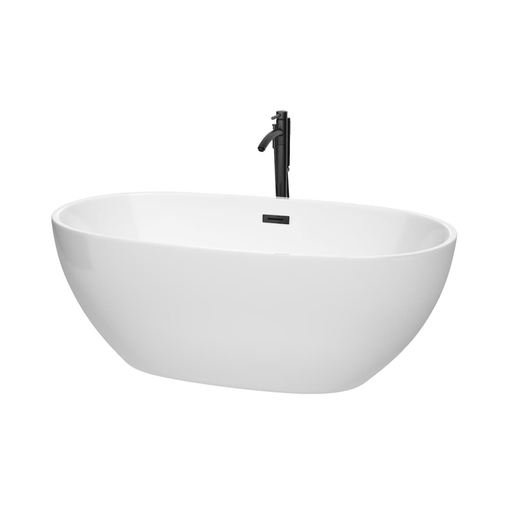 Baignoire autoportante Juno de 63 pouces en blanc avec robinet, drain et garniture de trop-plein en noir mat