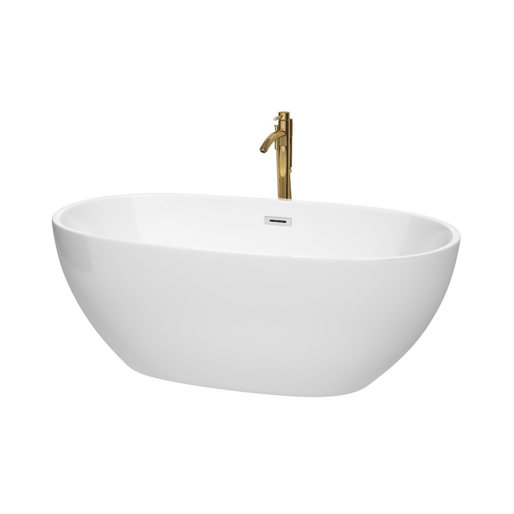 Juno 63 inch Freestanding Bathtub in White with Polished Chrome Trim and Faucet in Brushed Gold