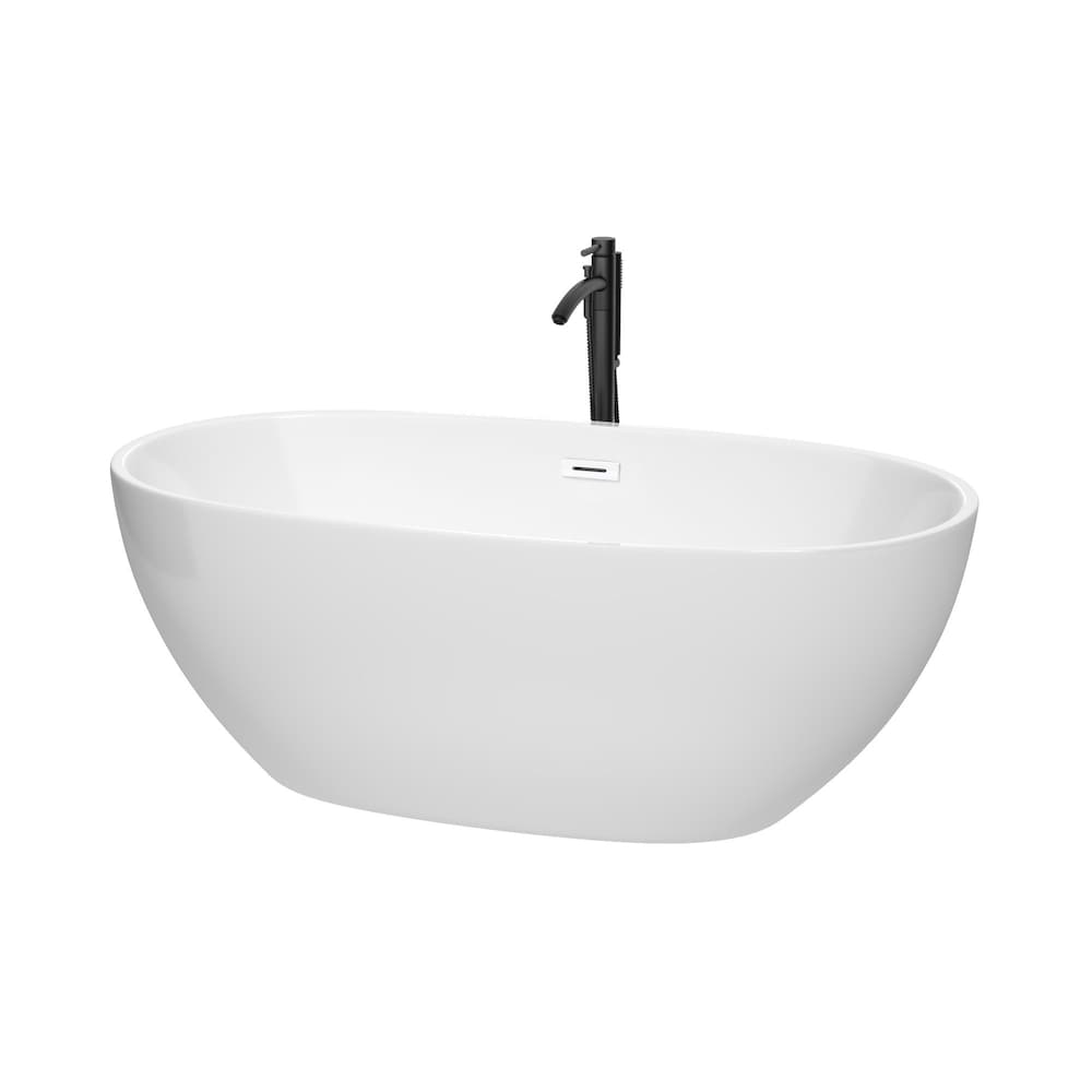 Baignoire autoportante Juno de 63 pouces en blanc avec garniture blanche brillante et robinet en noir mat
