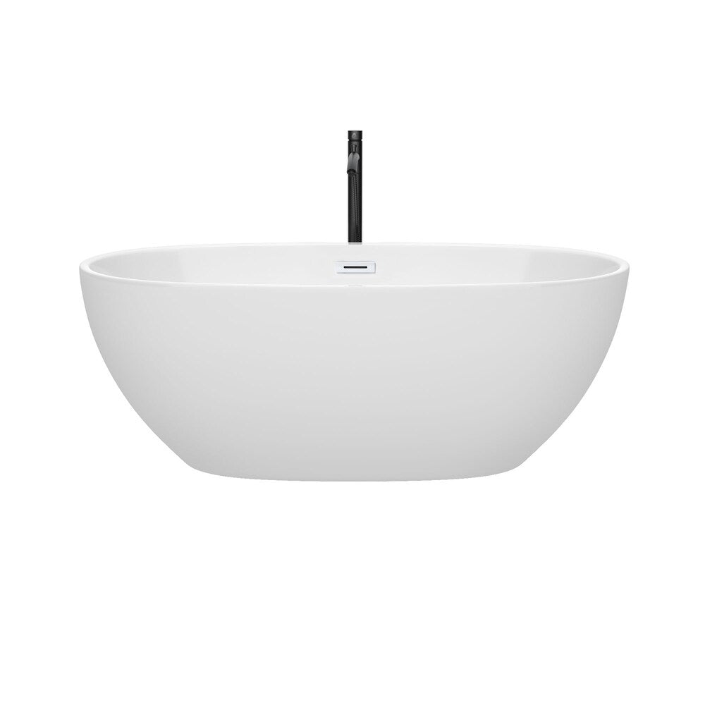 Baignoire autoportante Juno de 63 pouces en blanc avec garniture blanche brillante et robinet en noir mat