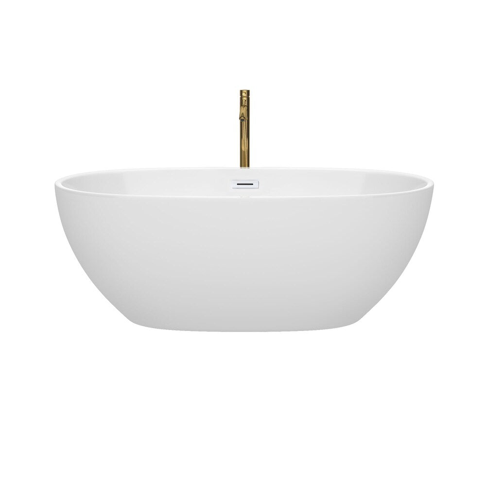 Baignoire autoportante Juno de 63 pouces en blanc avec garniture blanche brillante et robinet en or brossé