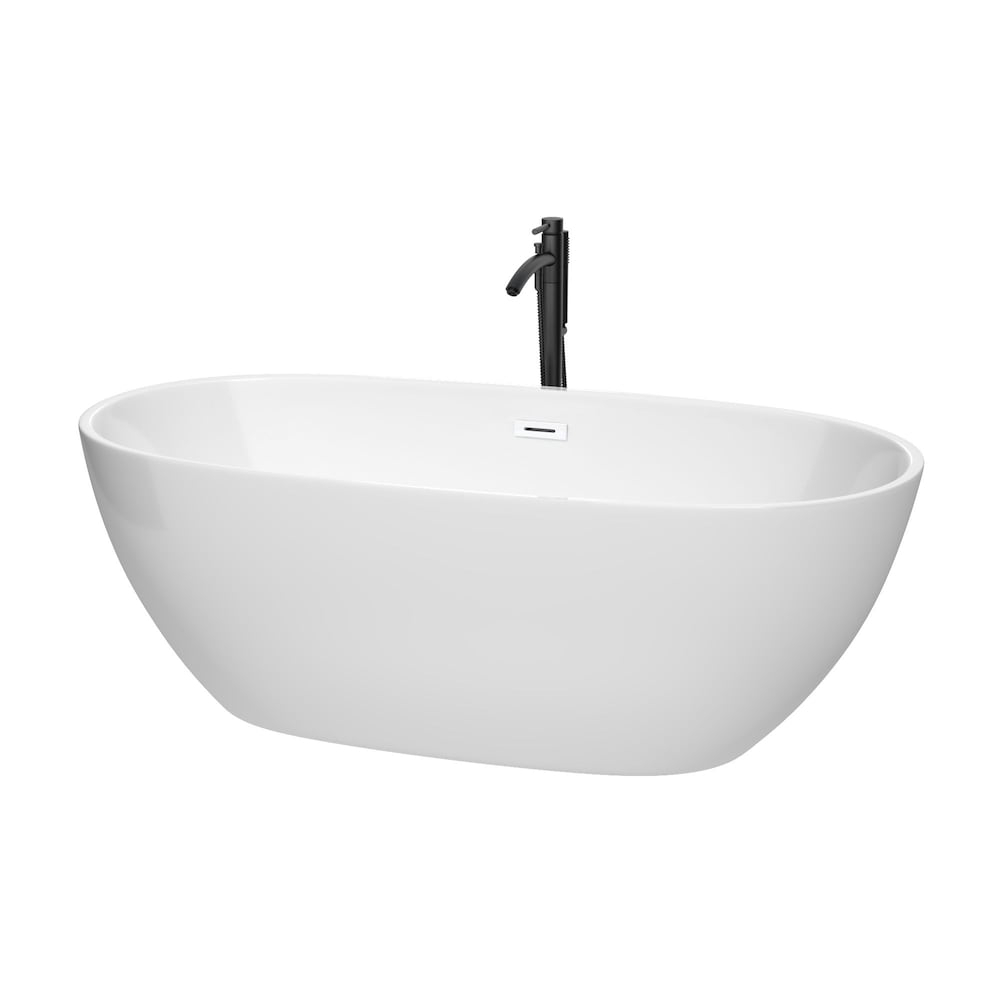 Juno 67 inch Freestanding Bathtub in White with Shiny White Trim and Faucet in Matte Black