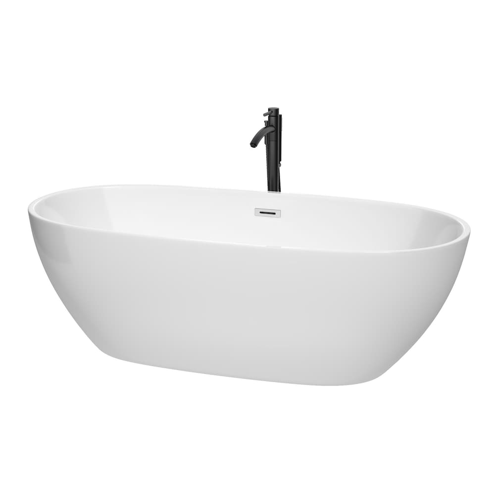 Baignoire autoportante Juno de 71 pouces en blanc avec garniture en chrome poli et robinet en noir mat
