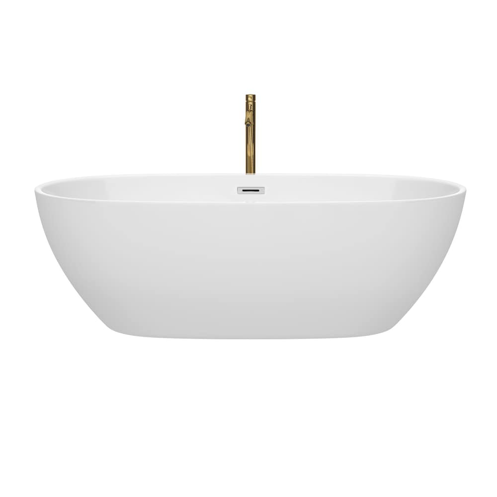 Baignoire autoportante Juno de 71 pouces en blanc avec garniture en chrome poli et robinet en or brossé