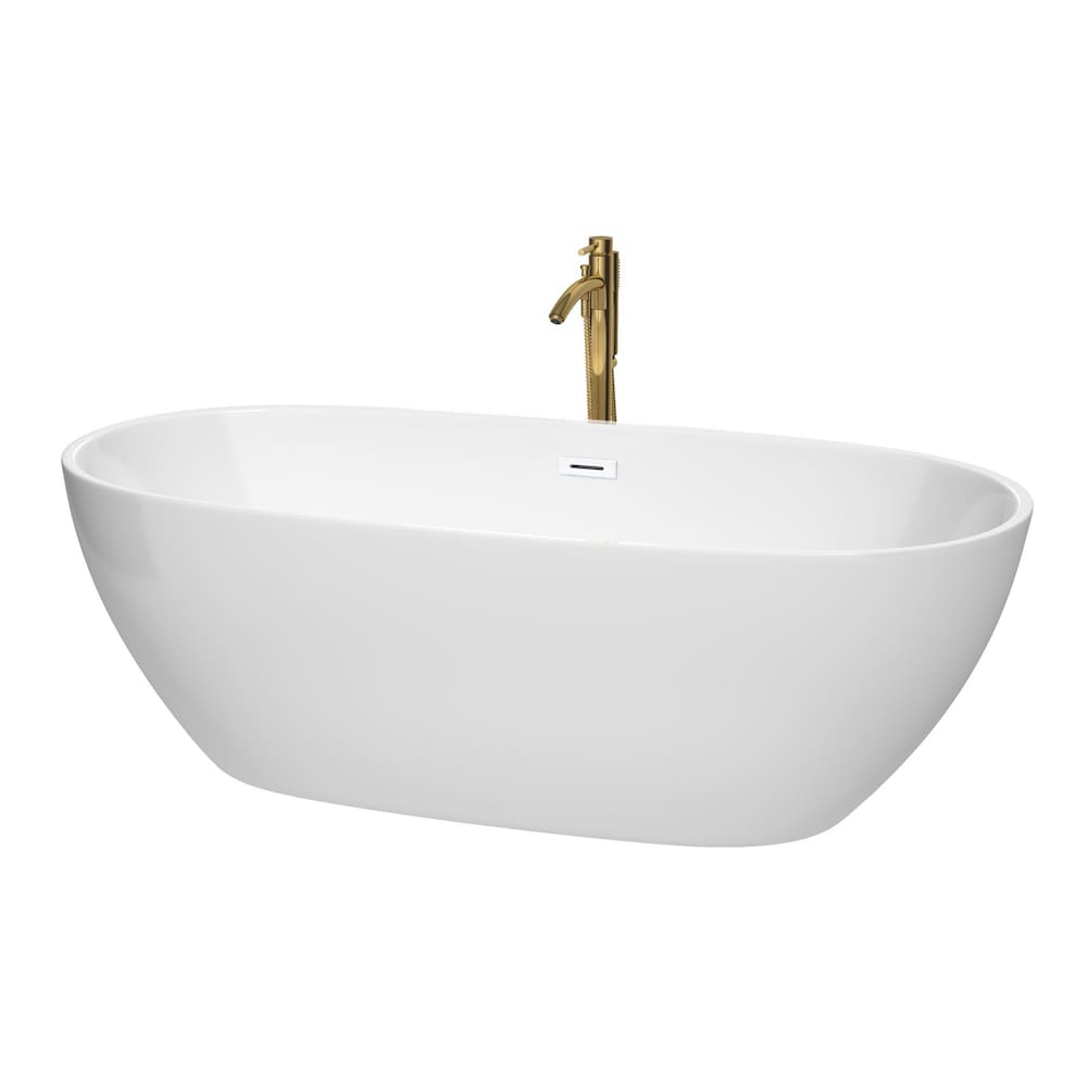 Baignoire autoportante Juno de 71 pouces en blanc avec garniture blanche brillante et robinet en or brossé