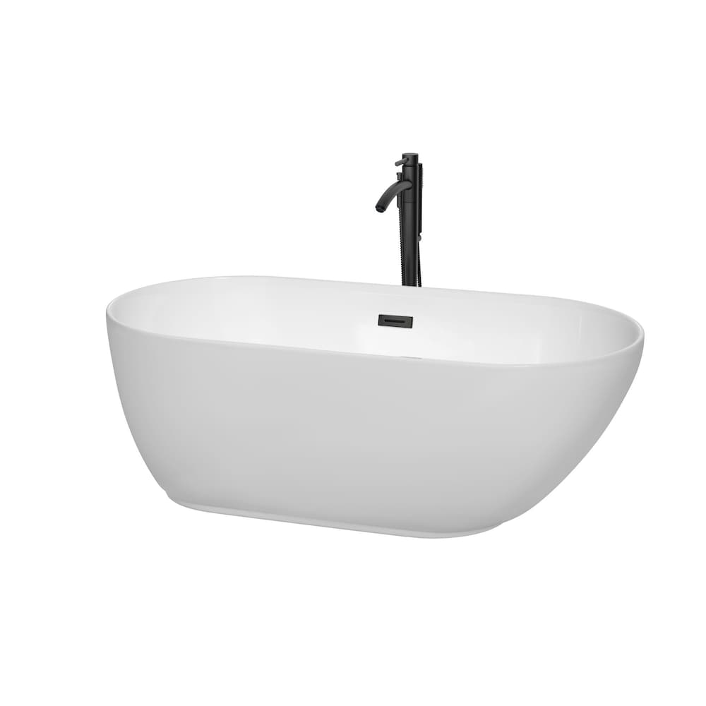 Melissa 60 inch Freestanding Bathtub in White with Faucet, Drain and Overflow Trim in Matte Black