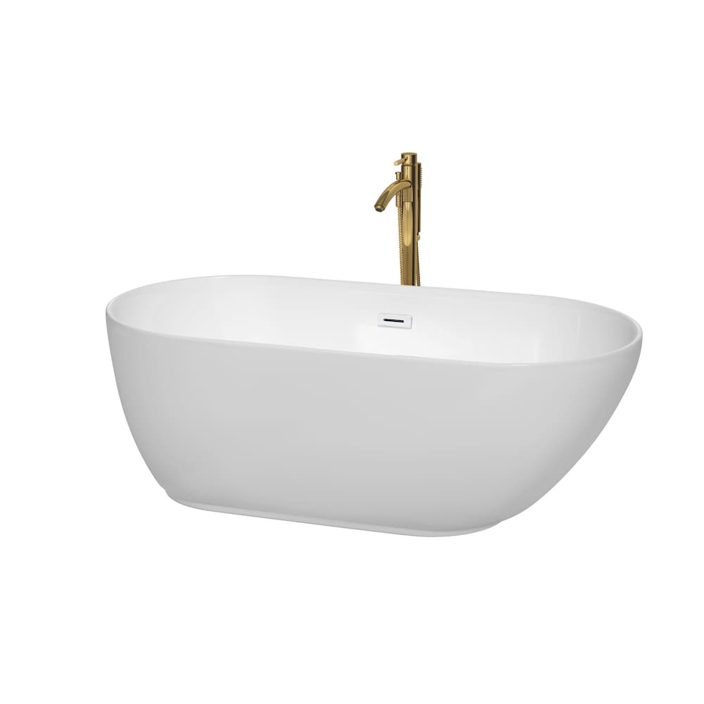 Melissa 60 inch Freestanding Bathtub in White with Shiny White Trim and Faucet in Brushed Gold