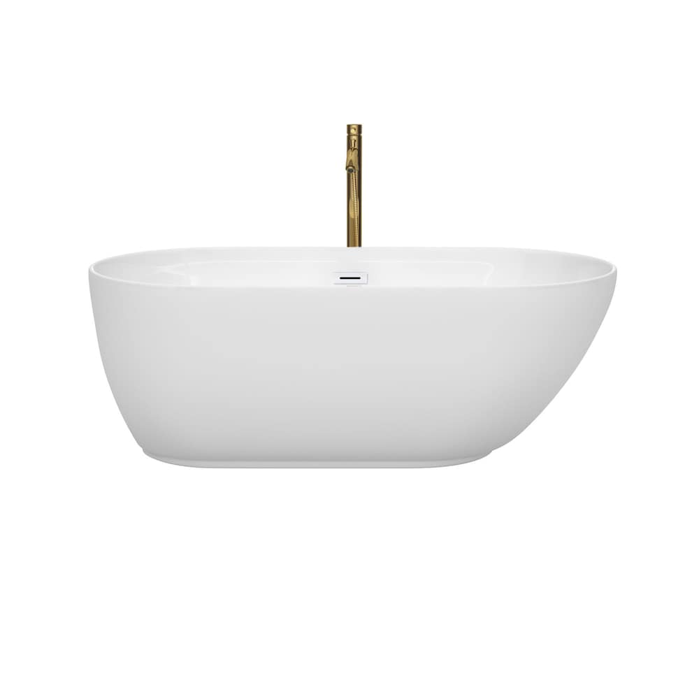 Melissa 60 inch Freestanding Bathtub in White with Shiny White Trim and Faucet in Brushed Gold