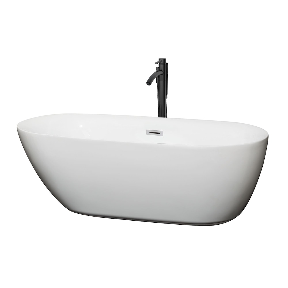 Melissa 65 inch Freestanding Bathtub in White with Polished Chrome Trim and Faucet in Matte Black