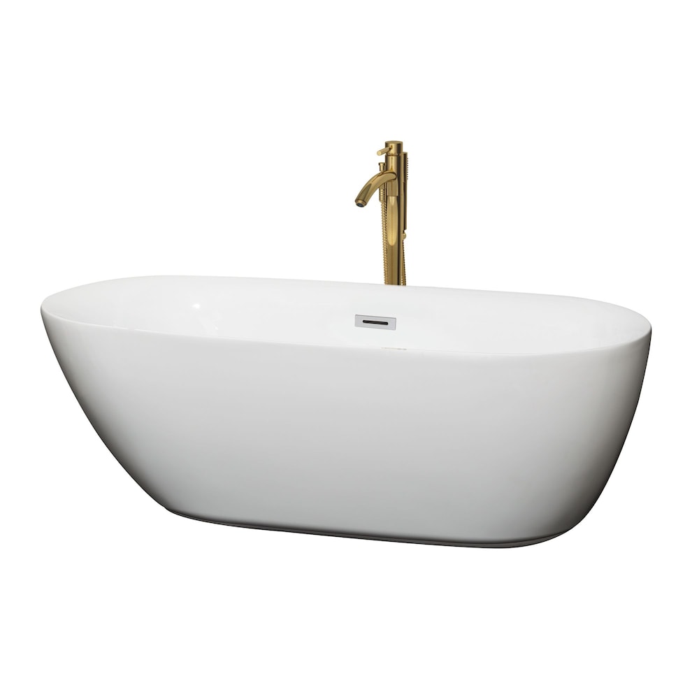 Melissa 65 inch Freestanding Bathtub in White with Polished Chrome Trim and Faucet in Brushed Gold