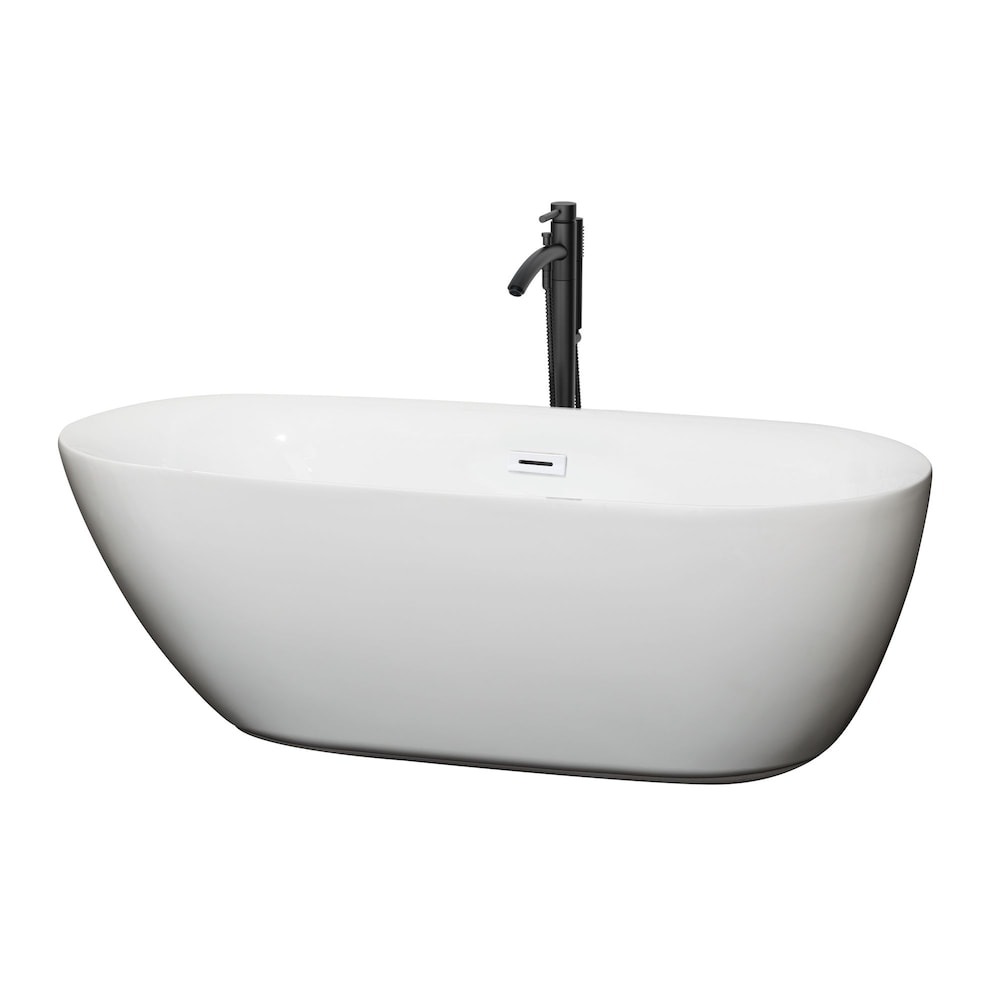 Melissa 65 inch Freestanding Bathtub in White with Shiny White Trim and Faucet in Matte Black