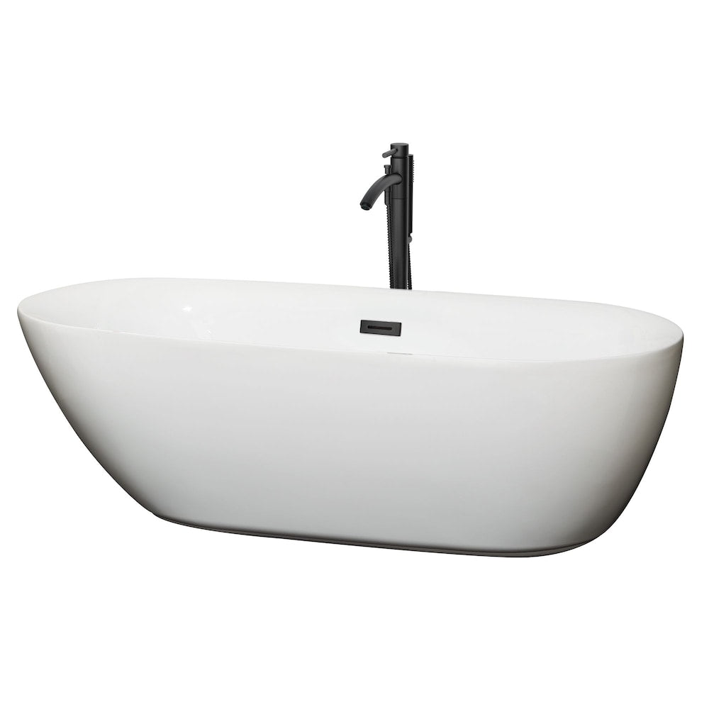 Baignoire autoportante Melissa de 71 pouces en blanc avec robinet, drain et garniture de trop-plein en noir mat