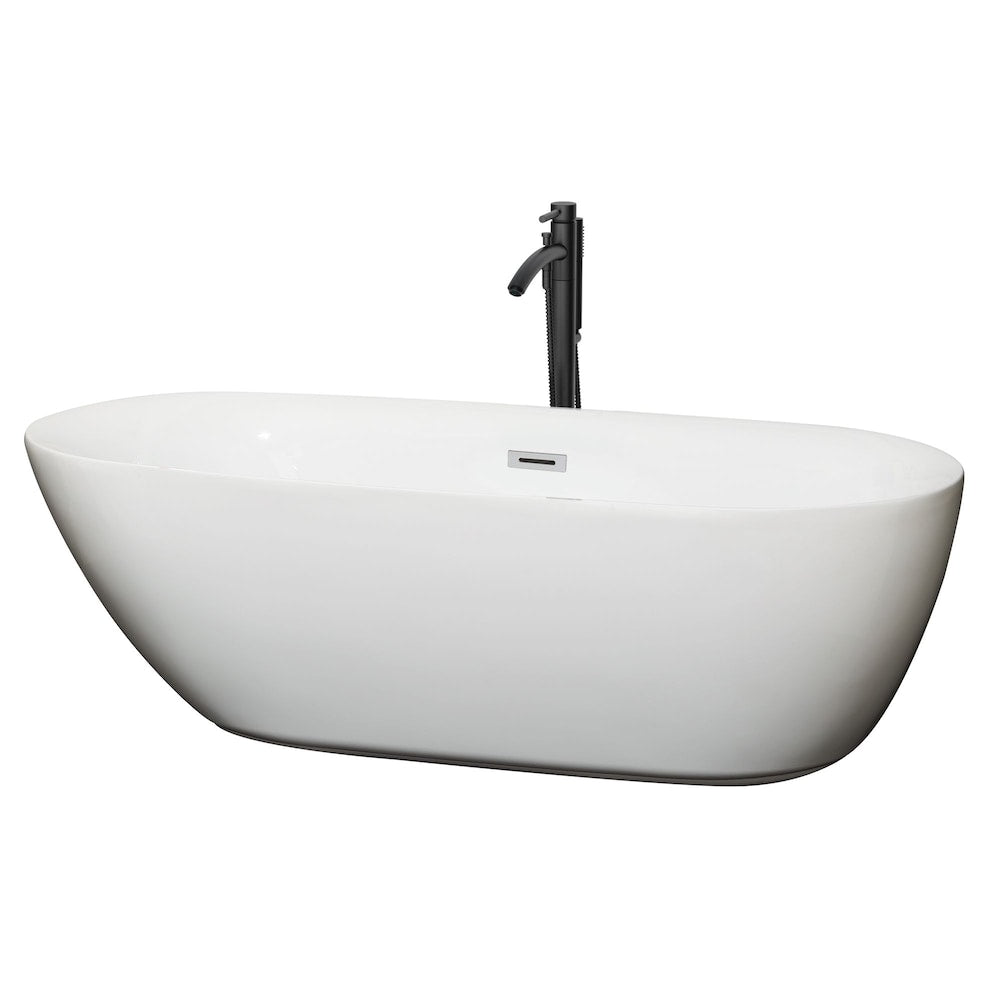 Melissa 71 inch Freestanding Bathtub in White with Polished Chrome Trim and Faucet in Matte Black