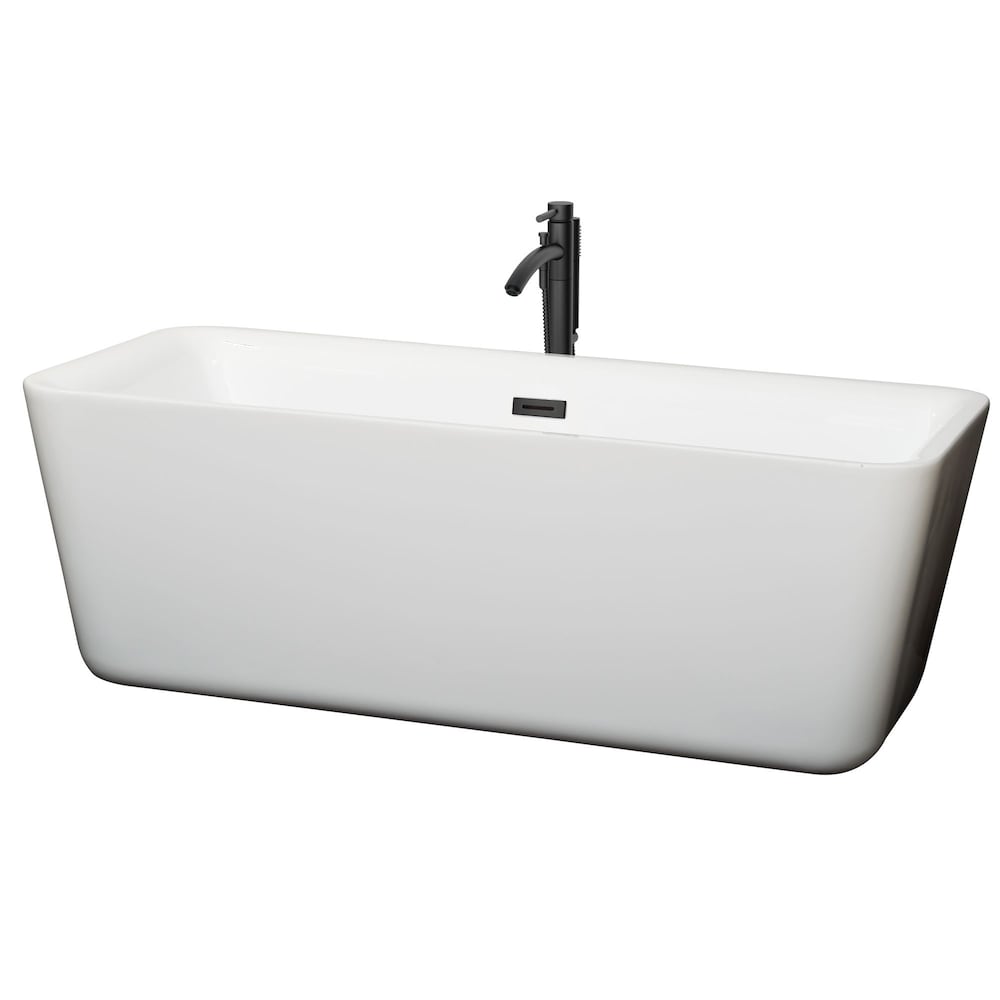 Baignoire autoportante Emily de 69 pouces en blanc avec robinet, drain et garniture de trop-plein en noir mat
