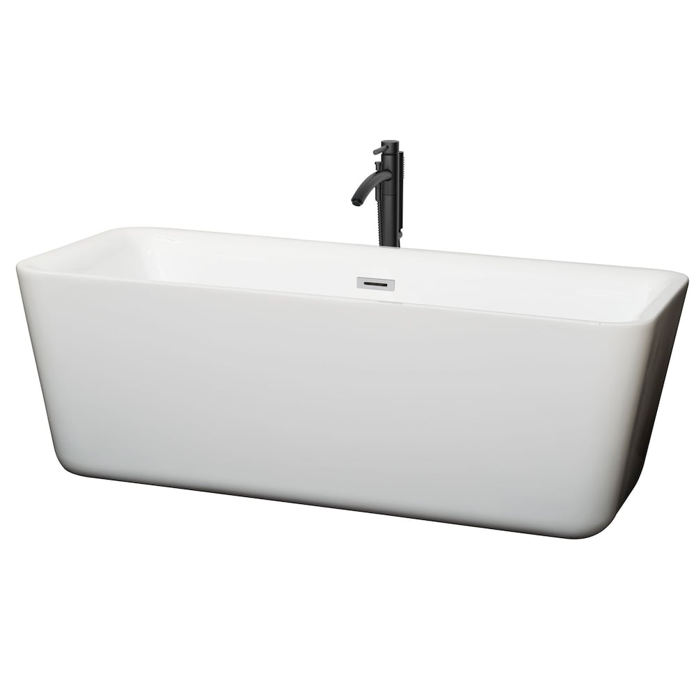 Baignoire autoportante Emily de 69 pouces en blanc avec garniture en chrome poli et robinet en noir mat
