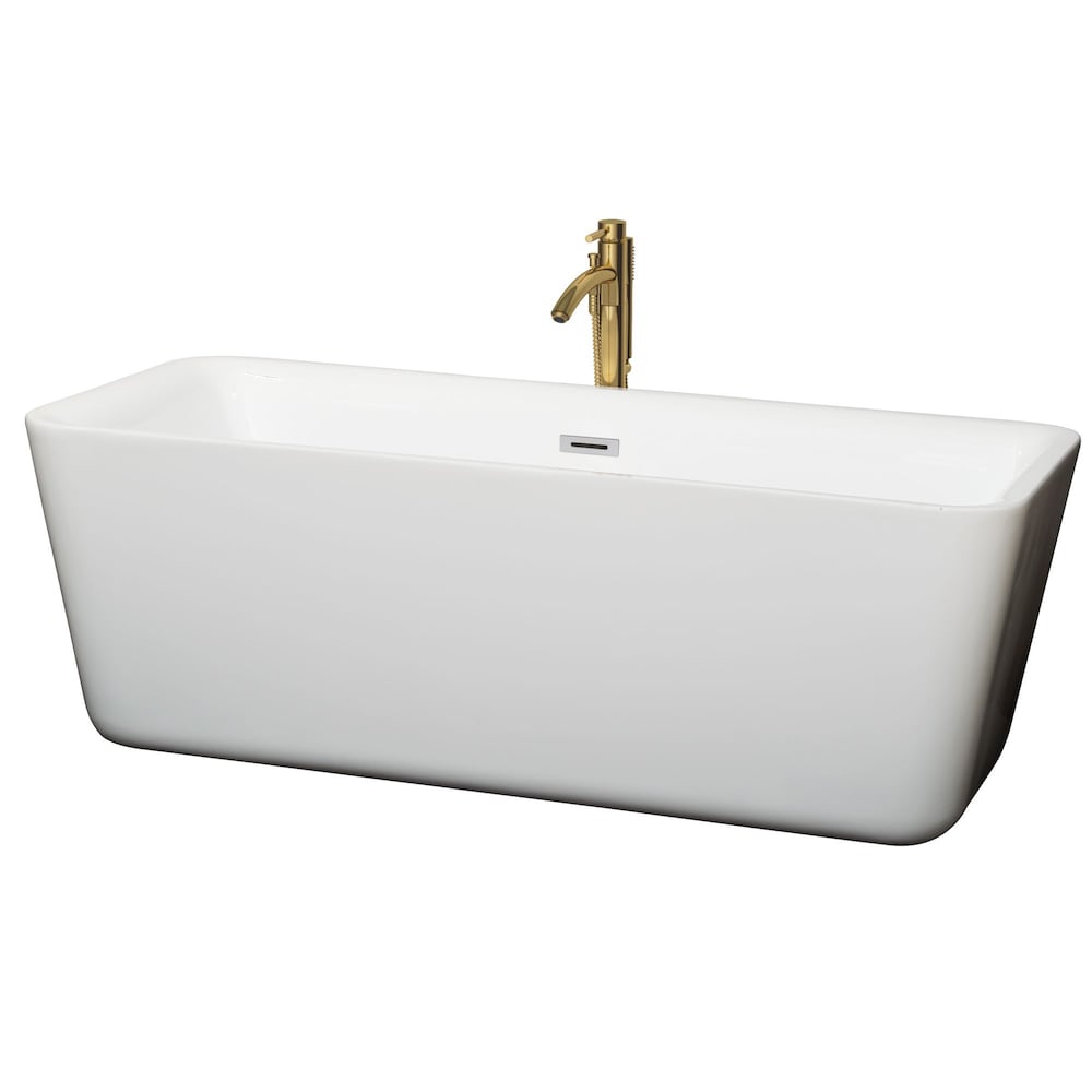 Baignoire autoportante Emily de 69 pouces en blanc avec garniture en chrome poli et robinet en or brossé