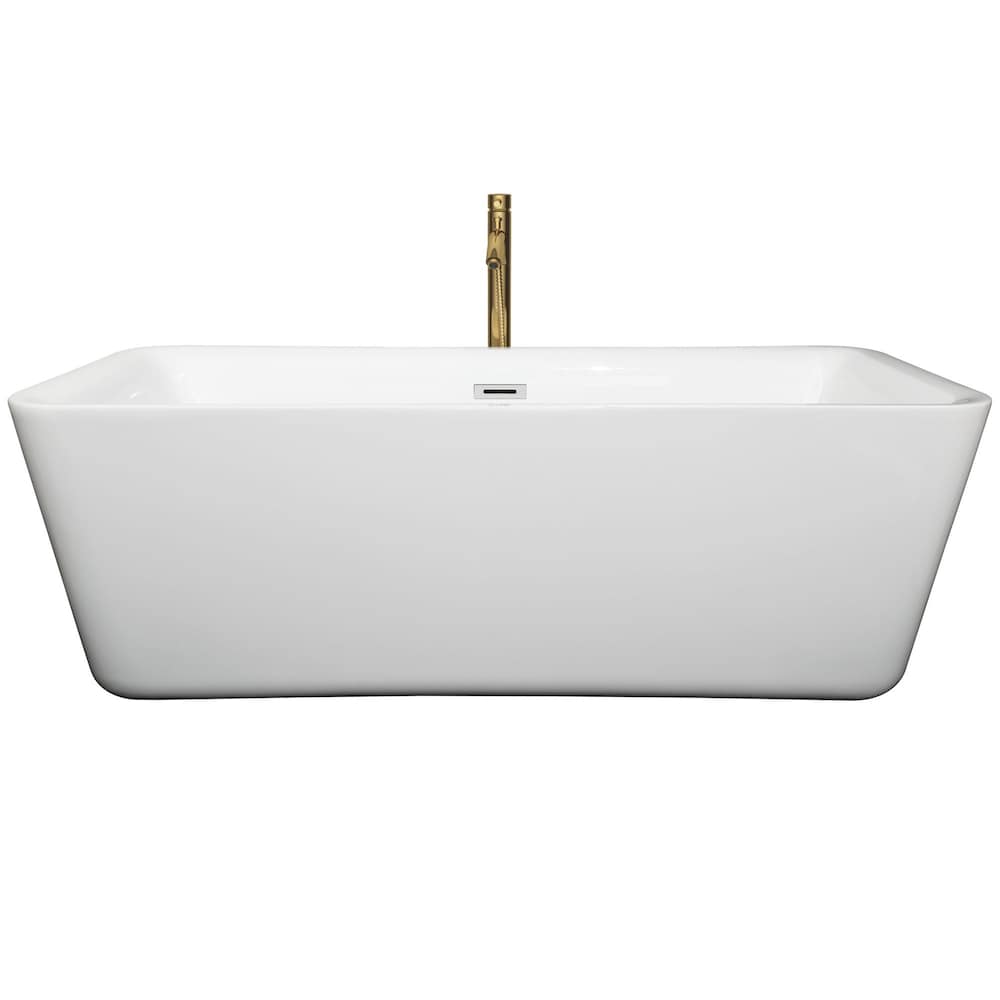 Baignoire autoportante Emily de 69 pouces en blanc avec garniture en chrome poli et robinet en or brossé