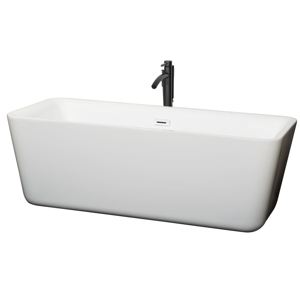 Baignoire autoportante Emily de 69 pouces en blanc avec garniture blanche brillante et robinet en noir mat