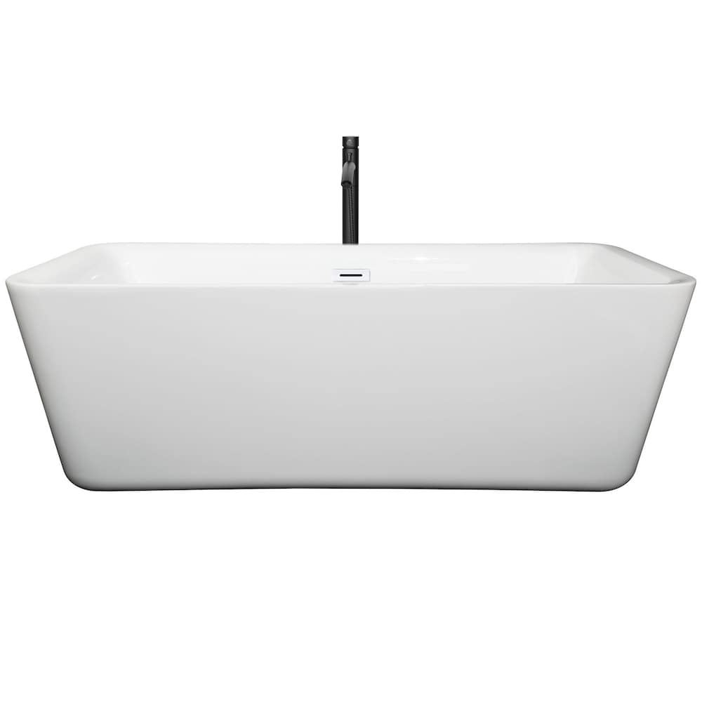 Baignoire autoportante Emily de 69 pouces en blanc avec garniture blanche brillante et robinet en noir mat