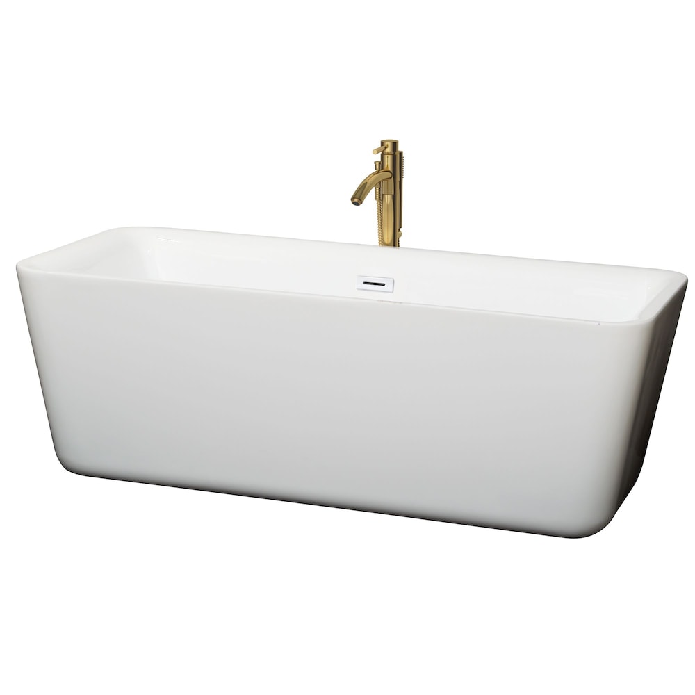 Baignoire autoportante Emily de 69 pouces en blanc avec garniture blanche brillante et robinet en or brossé