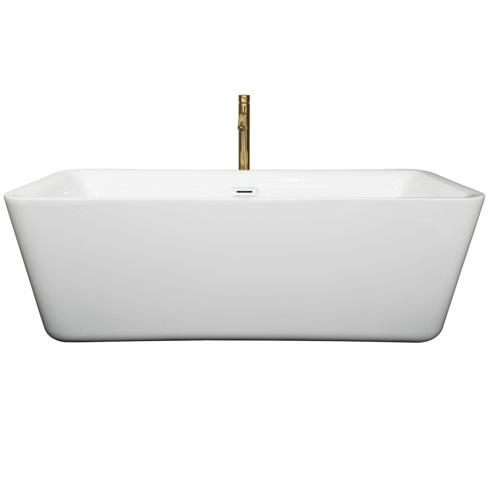 Baignoire autoportante Emily de 69 pouces en blanc avec garniture blanche brillante et robinet en or brossé