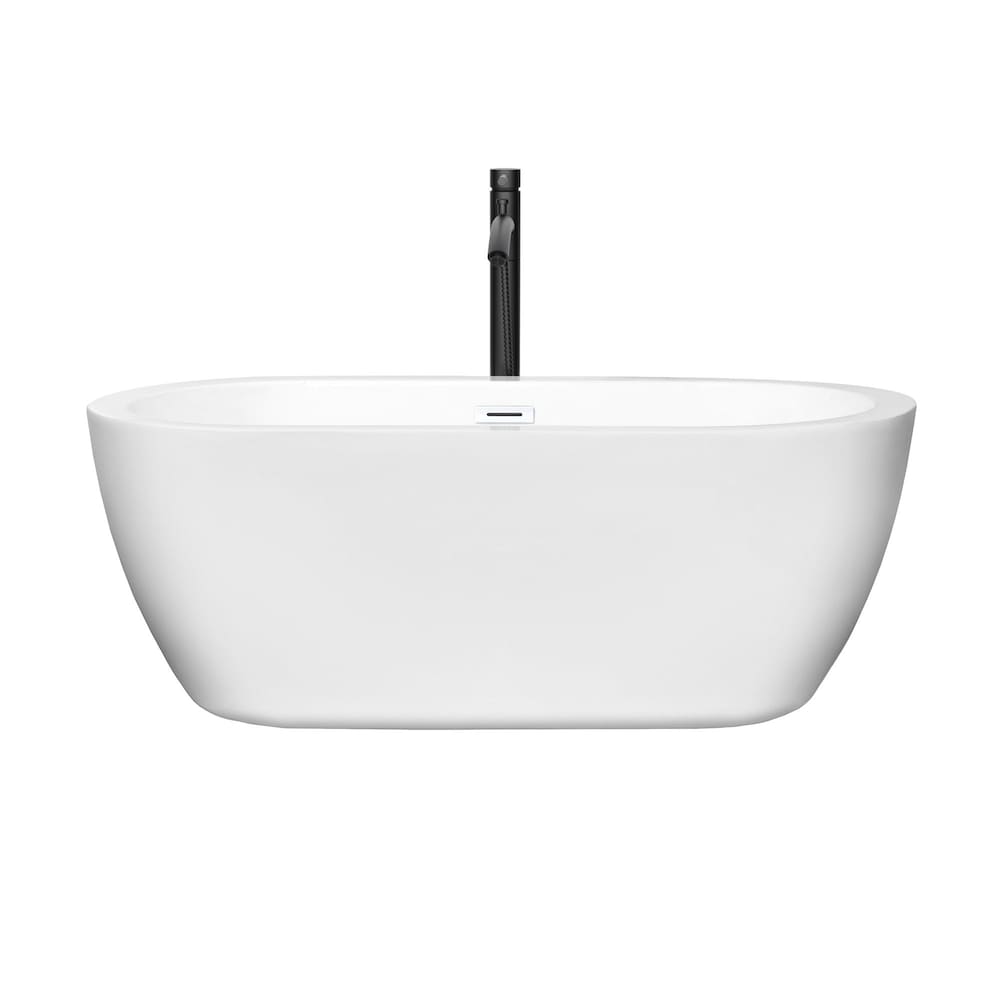 Baignoire autoportante Soho de 60 pouces en blanc avec garniture blanche brillante et robinet en noir mat