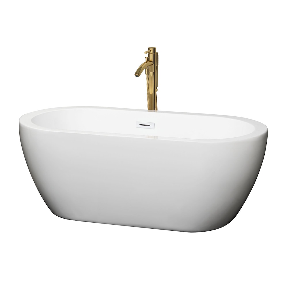 Soho 60 inch Freestanding Bathtub in White with Shiny White Trim and Faucet in Brushed Gold