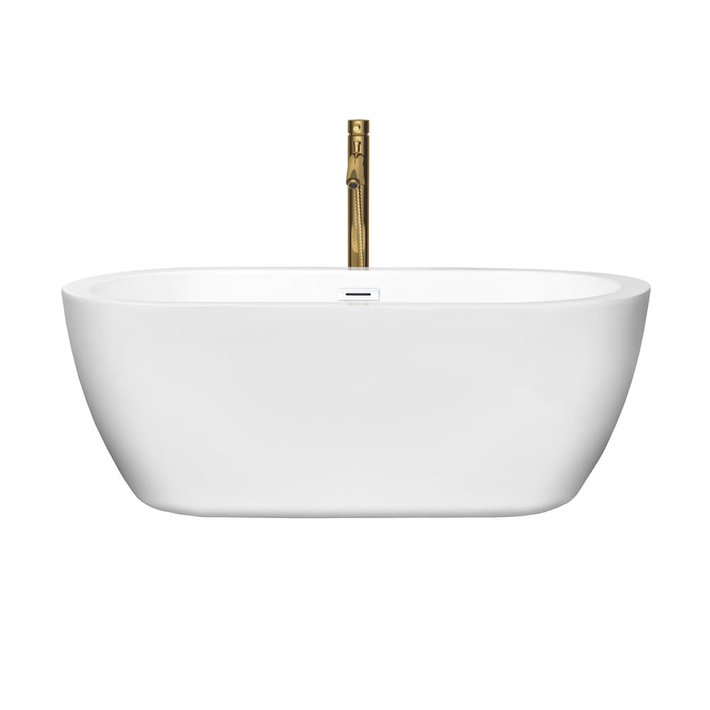 Baignoire autoportante Soho de 60 pouces en blanc avec garniture blanche brillante et robinet en or brossé