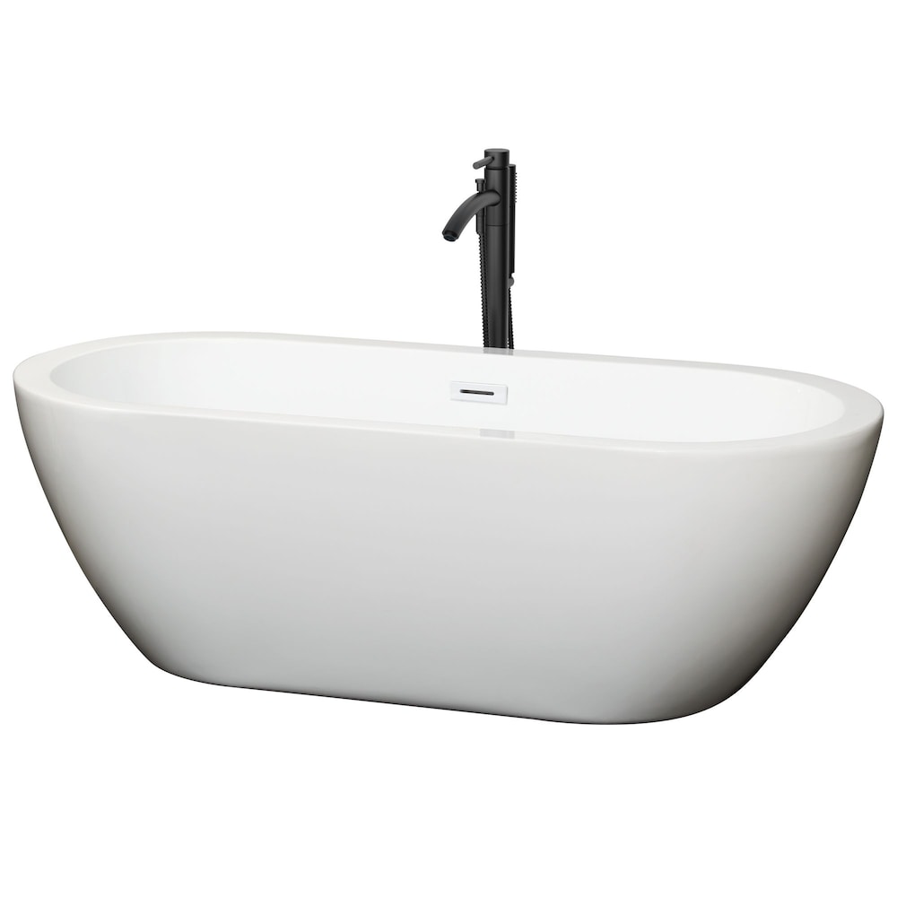 Soho 68 inch Freestanding Bathtub in White with Shiny White Trim and Faucet in Matte Black