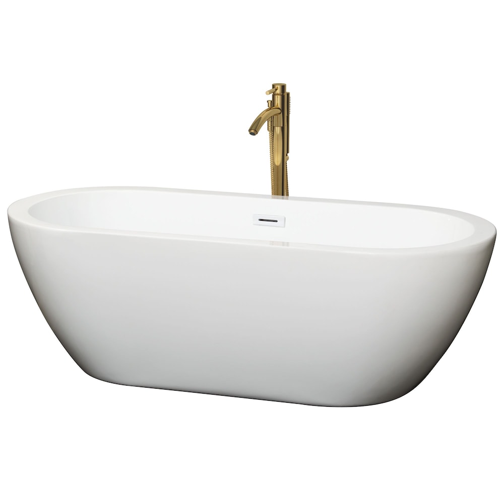 Soho 68 inch Freestanding Bathtub in White with Shiny White Trim and Faucet in Brushed Gold