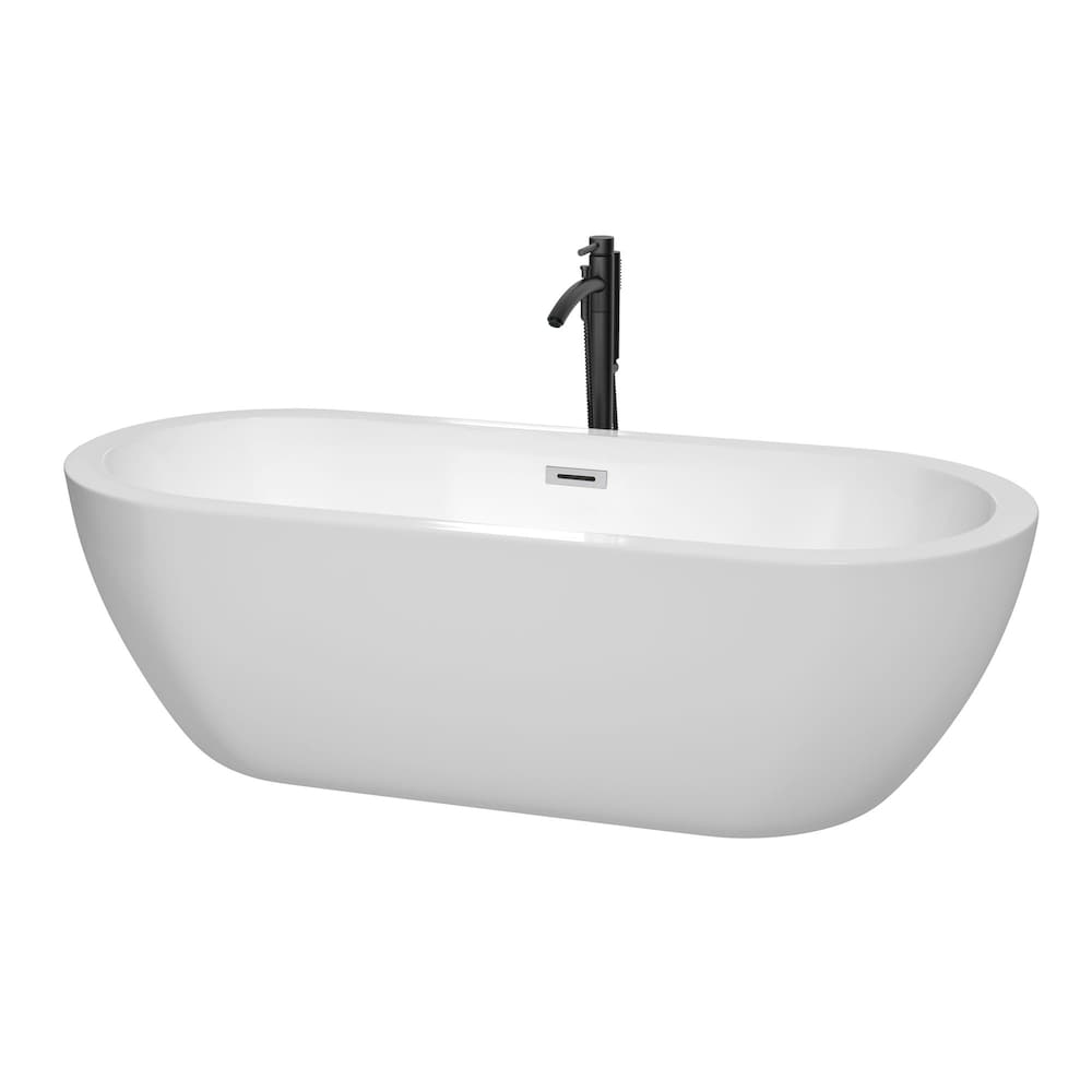 Baignoire autoportante Soho de 72 pouces en blanc avec garniture en chrome poli et robinet en noir mat