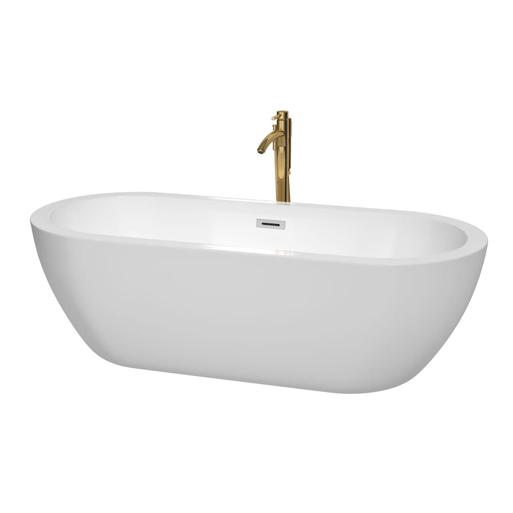 Soho 72 inch Freestanding Bathtub in White with Polished Chrome Trim and Faucet in Brushed Gold