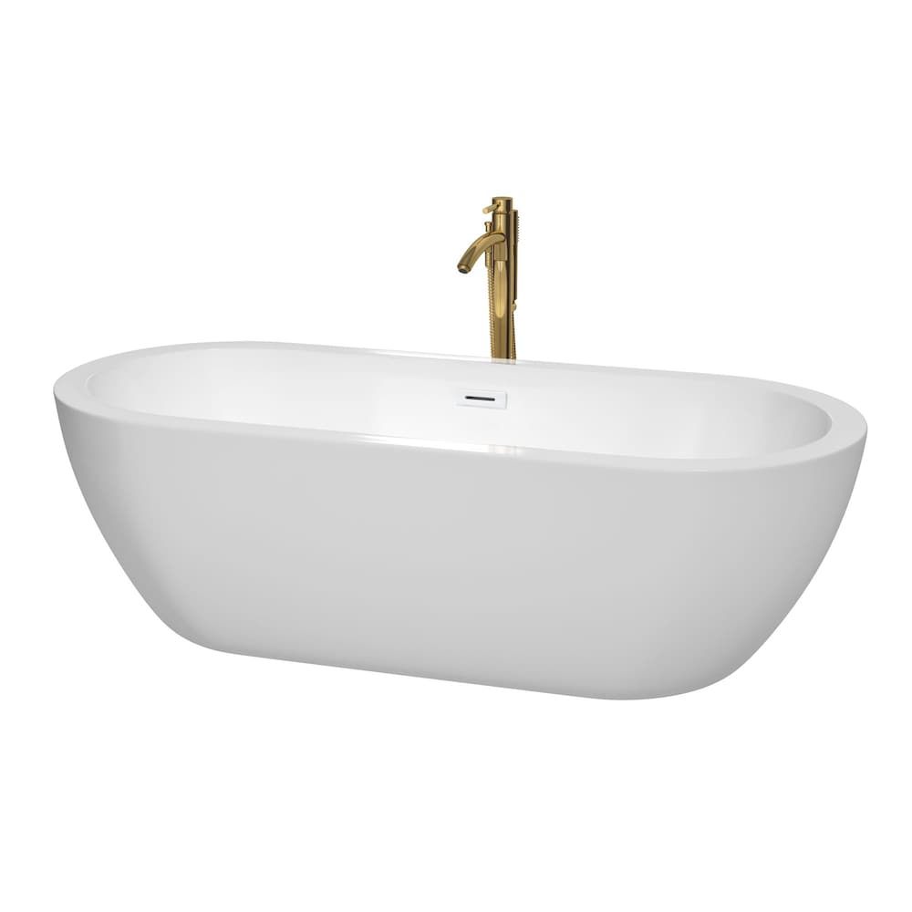 Baignoire autoportante Soho de 72 pouces en blanc avec garniture blanche brillante et robinet en or brossé