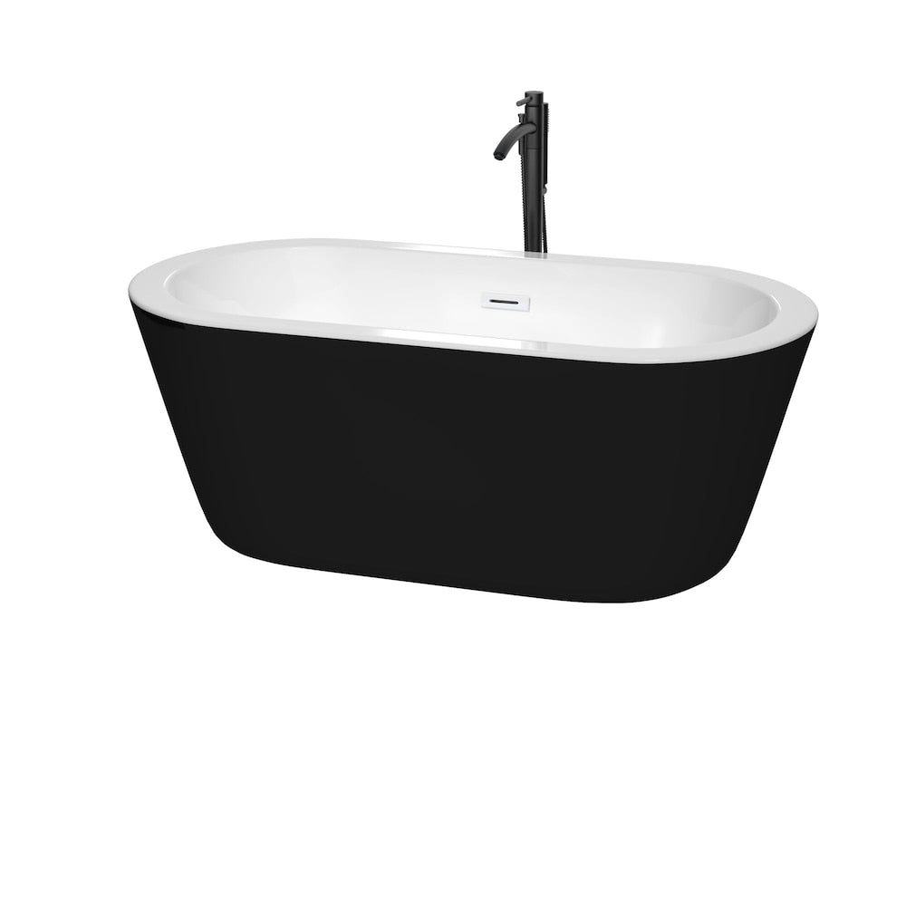 Mermaid 60 inch Freestanding Bathtub in Black with Shiny White Trim and Faucet in Matte Black