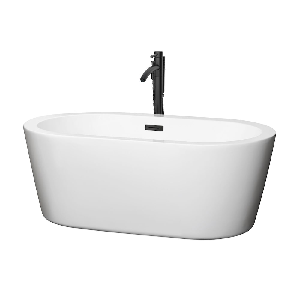 Mermaid 60 inch Freestanding Bathtub in White with Faucet, Drain and Overflow Trim in Matte Black