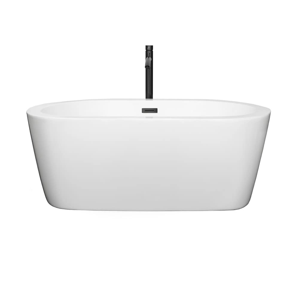 Baignoire autoportante Mermaid de 60 pouces en blanc avec robinet, drain et garniture de trop-plein en noir mat