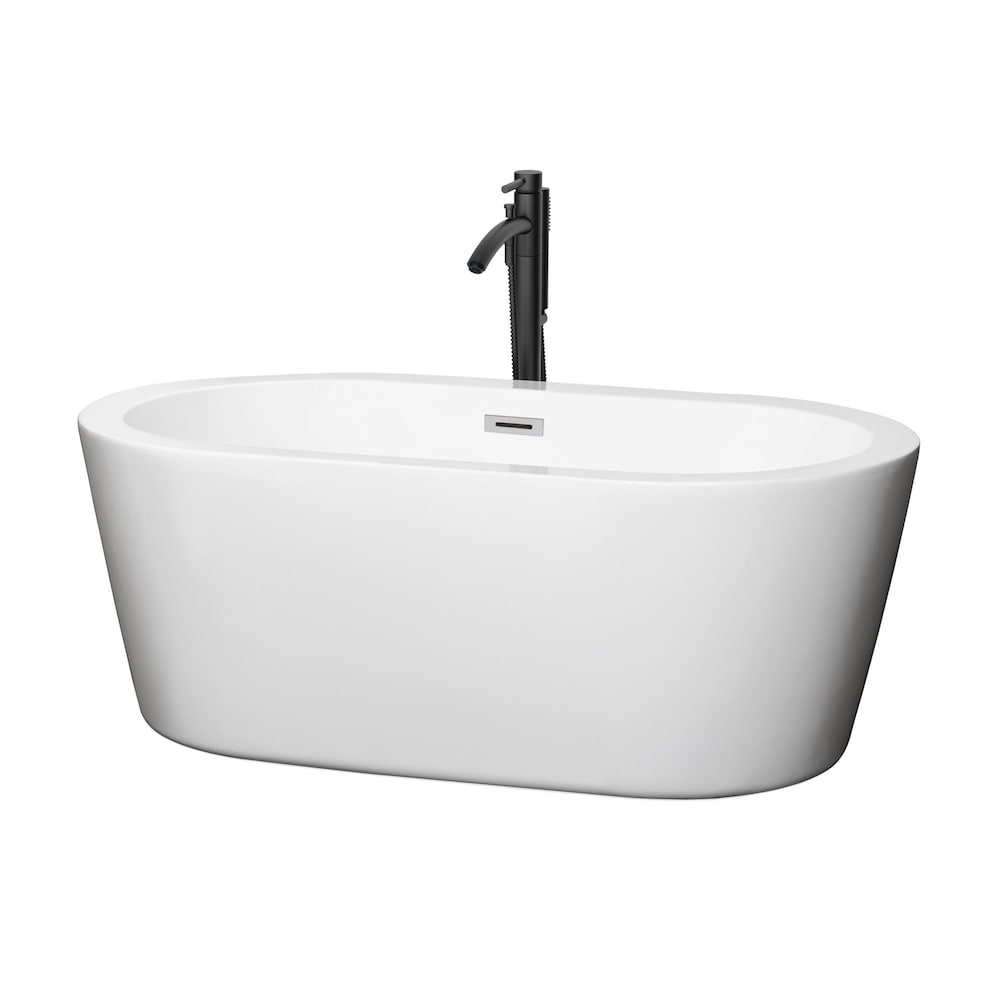 Baignoire autoportante Mermaid de 60 pouces en blanc avec garniture en chrome poli et robinet en noir mat