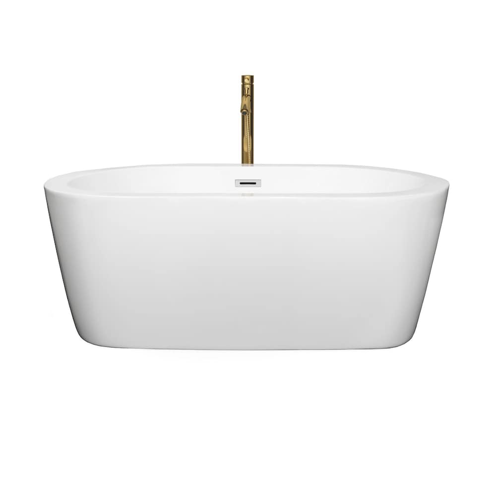 Mermaid 60 inch Freestanding Bathtub in White with Polished Chrome Trim and Faucet in Brushed Gold