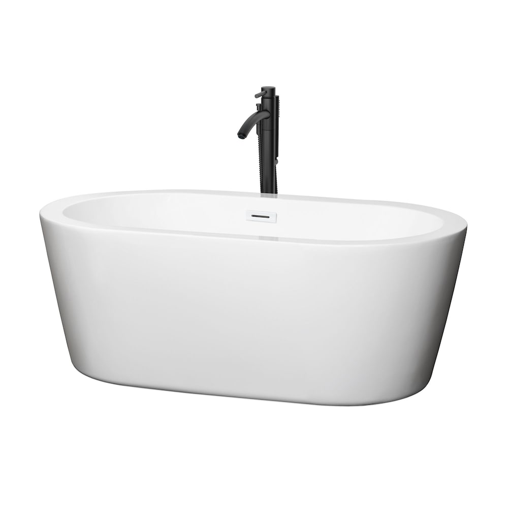 Baignoire autoportante Mermaid de 60 pouces en blanc avec garniture blanche brillante et robinet en noir mat