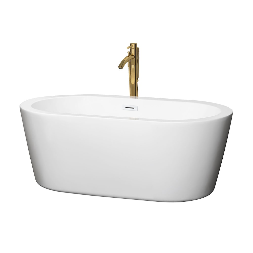 Baignoire autoportante Mermaid de 60 pouces en blanc avec garniture blanche brillante et robinet en or brossé