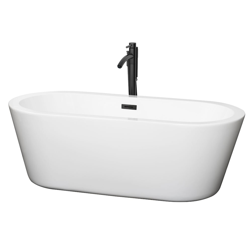 Mermaid 67 inch Freestanding Bathtub in White with Faucet, Drain and Overflow Trim in Matte Black