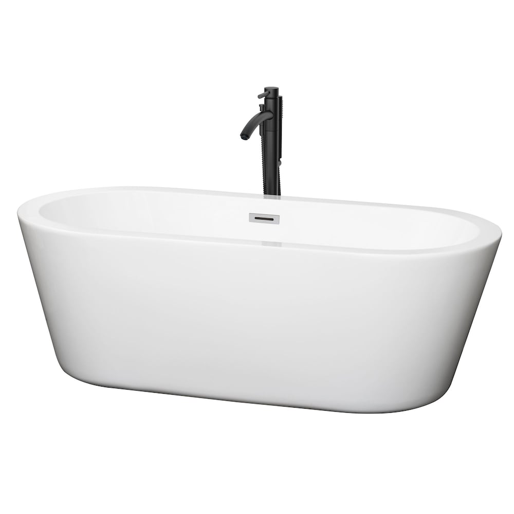 Mermaid 67 inch Freestanding Bathtub in White with Polished Chrome Trim and Faucet in Matte Black