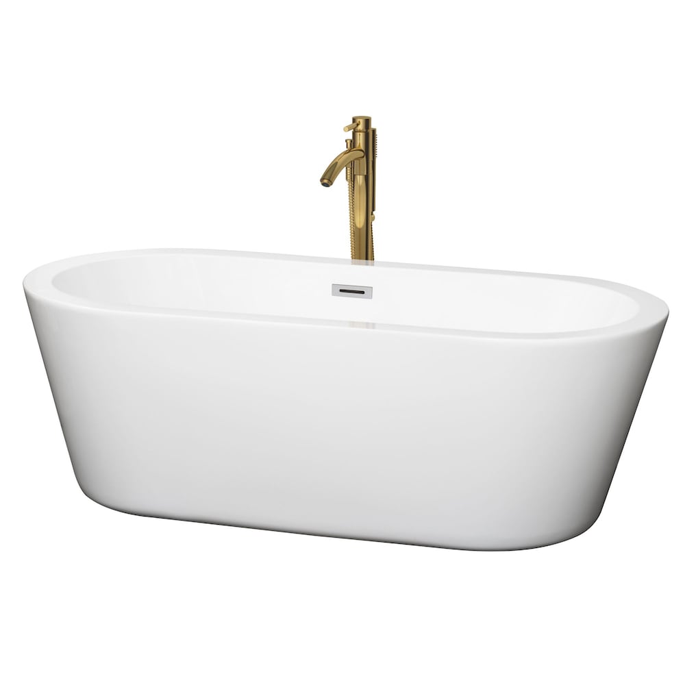 Baignoire autoportante Mermaid de 67 pouces en blanc avec garniture en chrome poli et robinet en or brossé