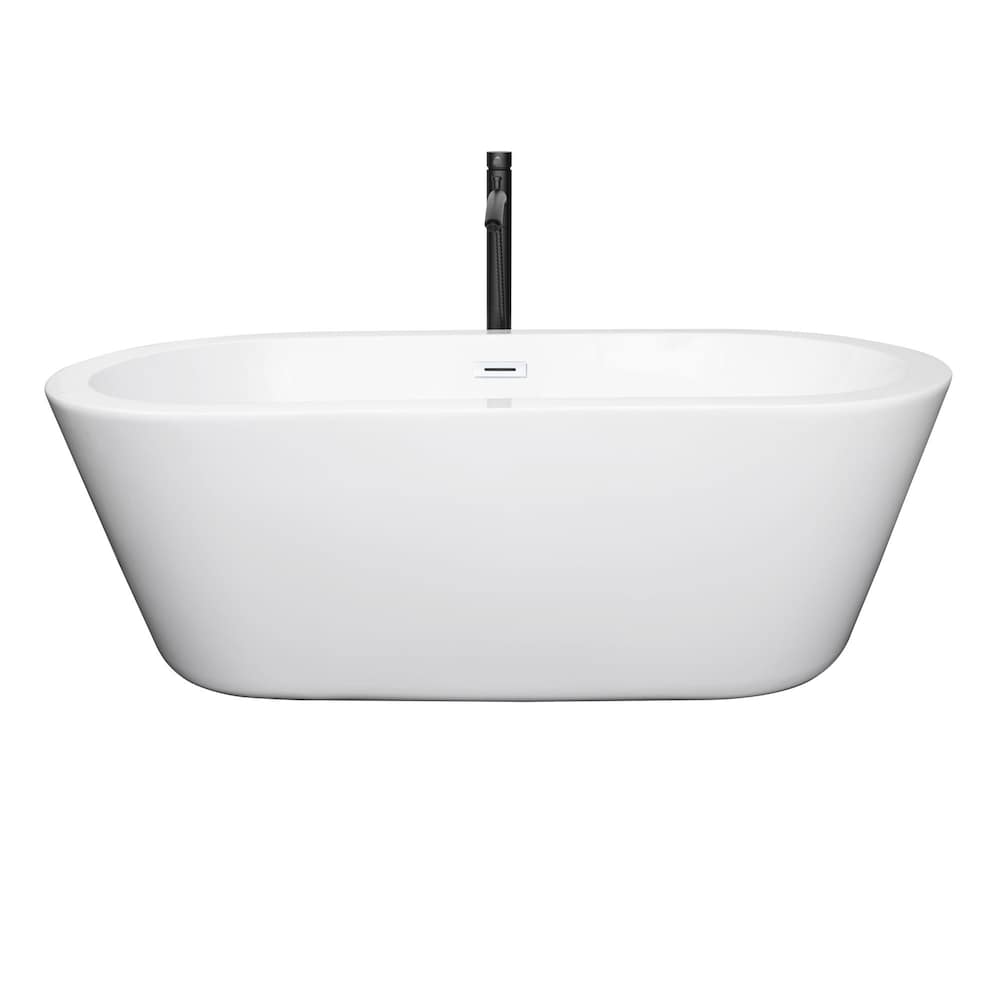 Mermaid 67 inch Freestanding Bathtub in White with Shiny White Trim and Faucet in Matte Black