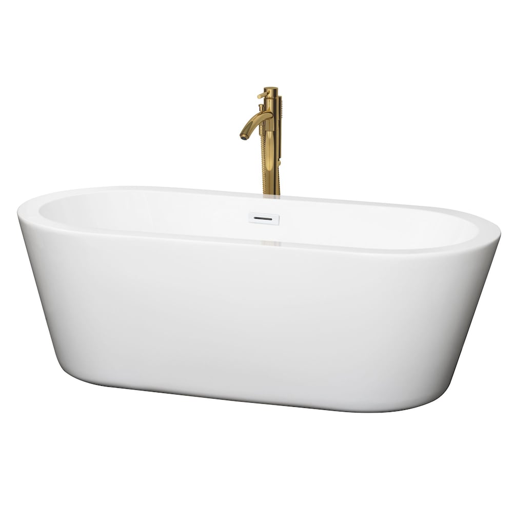 Baignoire autoportante Mermaid de 67 pouces en blanc avec garniture blanche brillante et robinet en or brossé