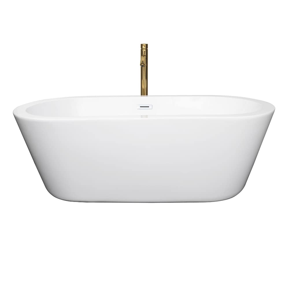 Baignoire autoportante Mermaid de 67 pouces en blanc avec garniture blanche brillante et robinet en or brossé