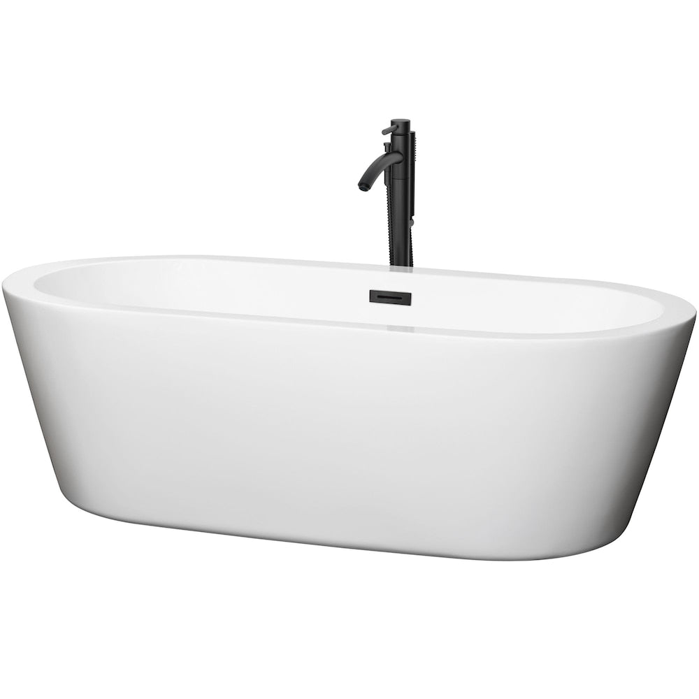 Baignoire autoportante Mermaid de 71 pouces en blanc avec robinet, drain et garniture de trop-plein en noir mat